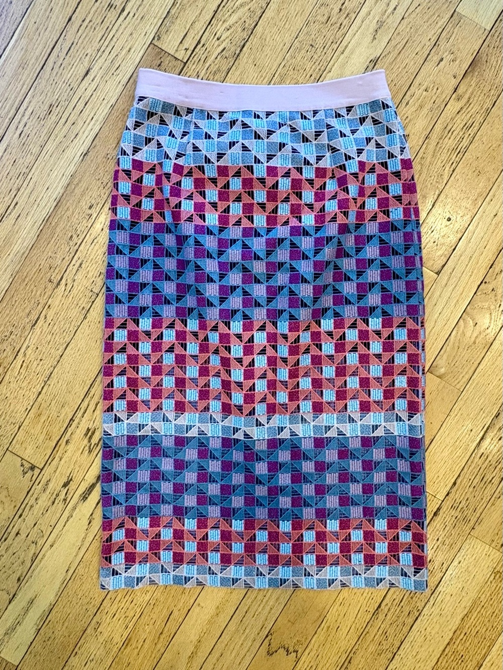 BCBG Max Azria Runway Amity Pink and Blue Geometric Knit Pencil Skirt